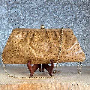 Tan Ostrich Leather Clutch with Gold Chain Strap